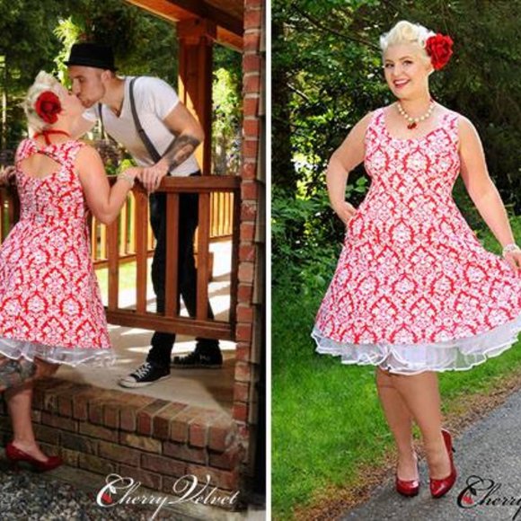 Cherry Vintage plus size XL red & white damask print dress - Picture 1 of 3